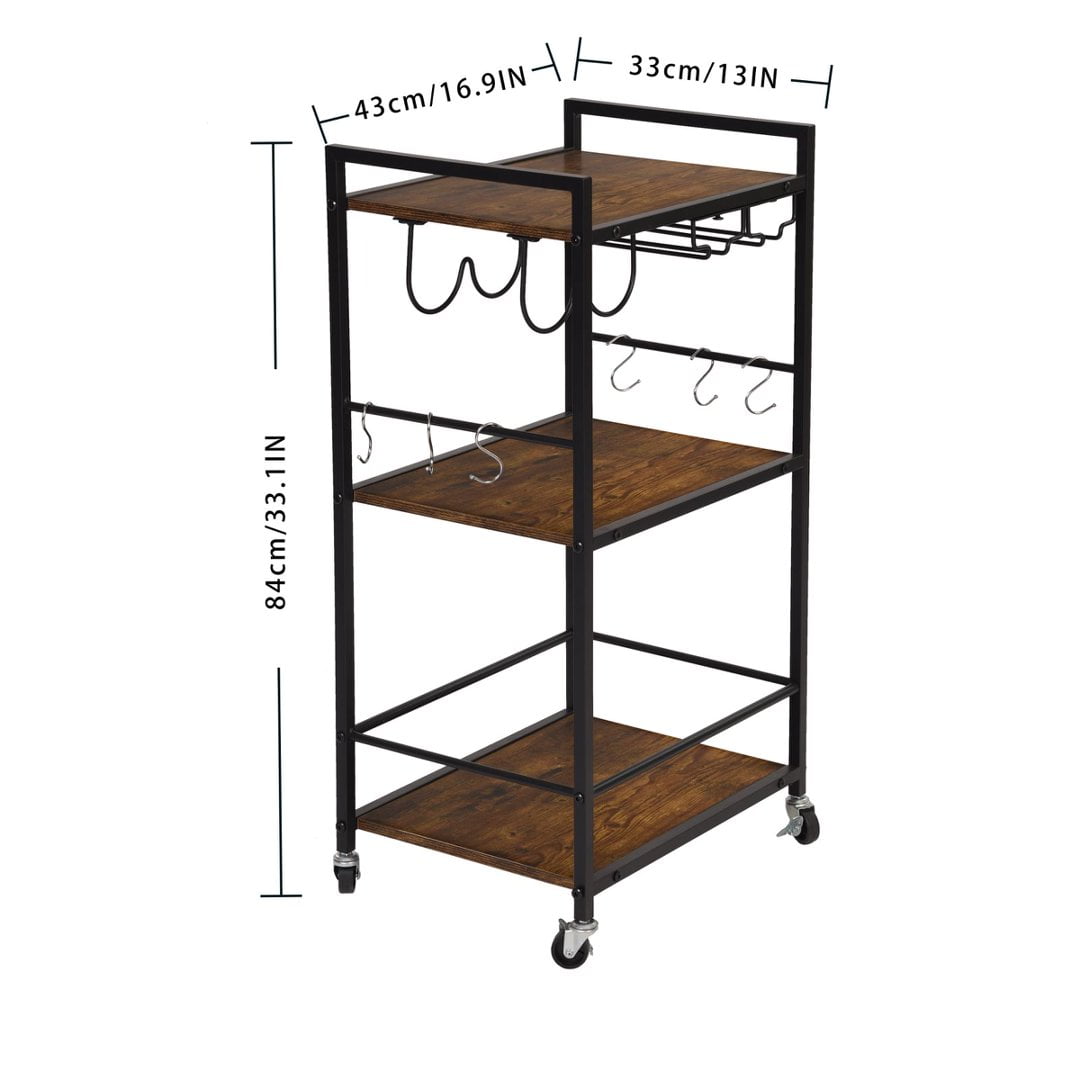 Gewnee Storage Cart with 3-Tier Storage Shelves&Cup Holders&Hooks,Suitable for kitchens and Living Room.Brown