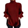 thumbnail image 1 of Gibobby SuéTer Para Mujeres Para Frío Suéter de punto de color sólido con cuello a la moda para mujer con dobladillo dividido y mangas acampanadas(Rojo,M), 1 of 5