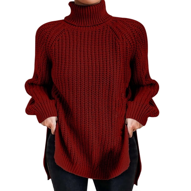 Gibobby SuéTer Para Mujeres Para Frío Suéter de punto de color sólido con cuello a la moda para mujer con dobladillo dividido y mangas acampanadas(Rojo,G)
