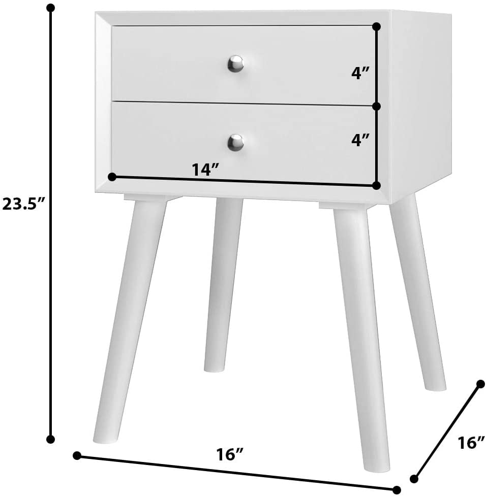 Giantex End Side Table Nightstand with Storage Drawer and Shelf, Wood Nightstand with 2-Drawers, Solid Wood Legs Living Room Bedroom Furniture