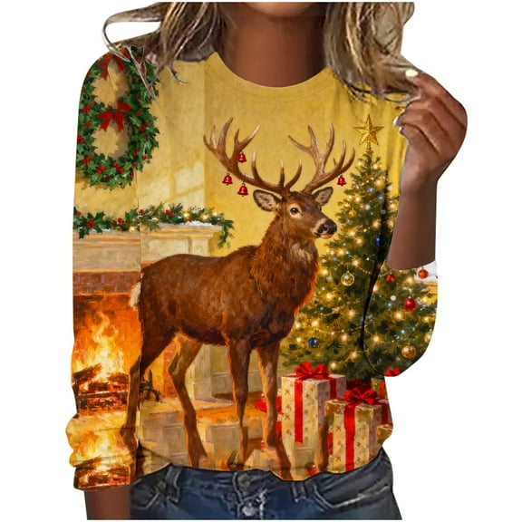 Womens Christmas T Shirts Funny Christmas Reindeer Print Blouse Long Sleeve Round Neck Top Holiday Wear Shirts Fall Clothes My Items