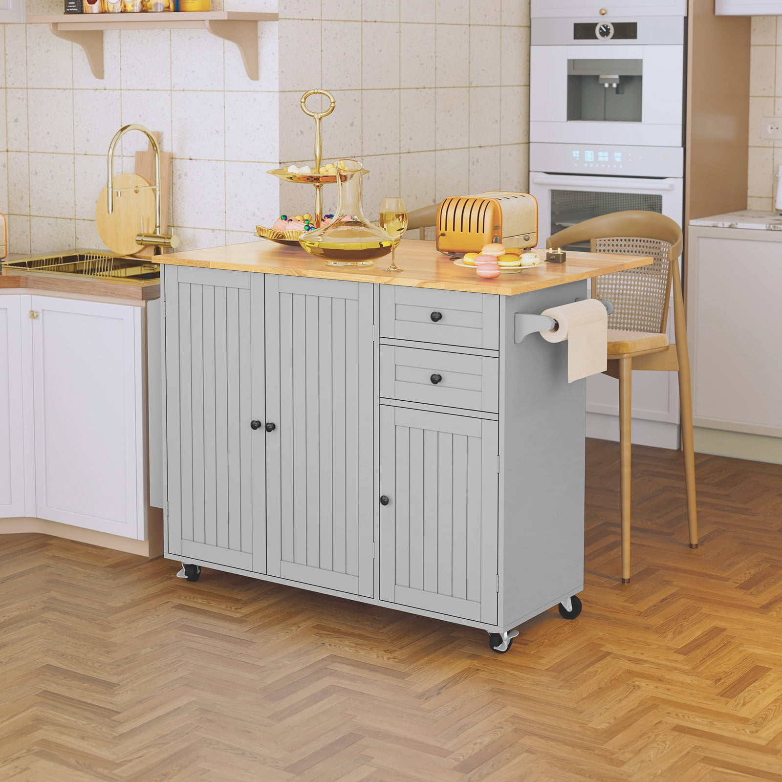 CBJCBJ 50.4" Kitchen Island with Storage, Wood Top Cart with Drop Leaf and Wheels, Gray