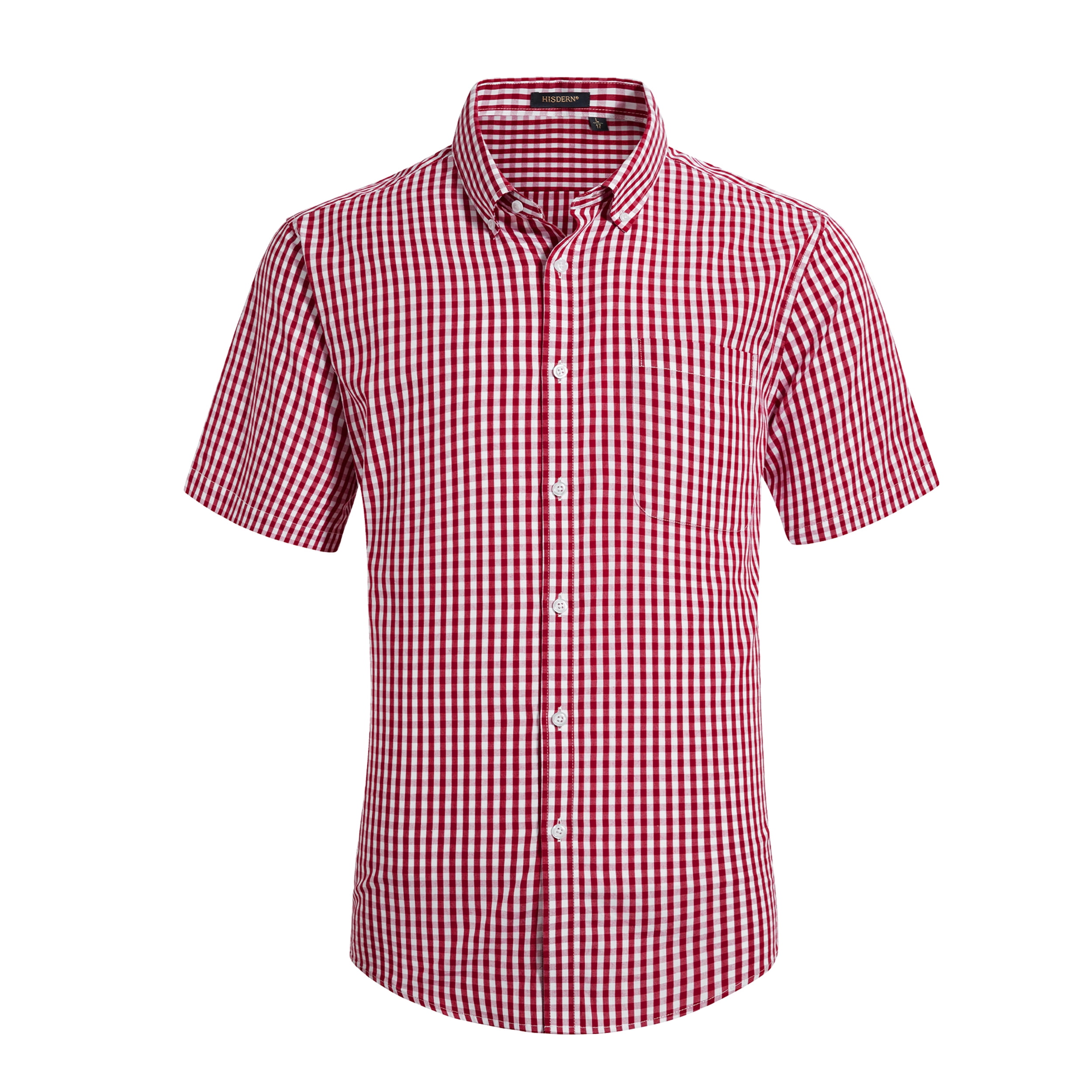 Mens Plaid Shirts Short Sleeve Summer Button Down Shirt Formal Business Work Red Shirts with Pocket