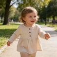 thumbnail image 4 of Aihuaihua Toddler Baby Shirt Girls' Long Sleeve Double Gauze Peplum Top Round Neck Coconut Button Vintage Cardigan 3-24M Beige 12-18 Months, 4 of 5
