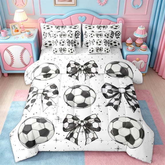 Erosebridal Soccer Theme Kids 7-Piece Twin Bedding Sets,Abstract Football Print Bowtie Bedding Comforter Set For Girls,Reversible