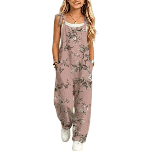 YunPes Watercolor Jumpsuits for Girls Boho Floral Printed Wide Leg Rompers with Tie Strap Plus Size Lightweight Spaghetti Strap Overalls