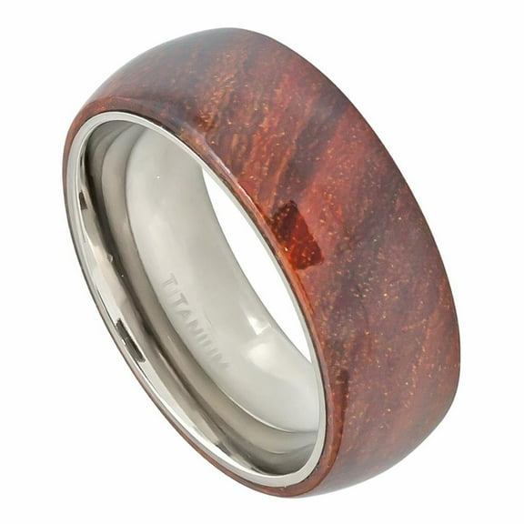 8MM Comfort Fit Titanium Wedding Band Domed Hawaiian Koa Wood Inlay Titanium Ring (Size 7 to 15)