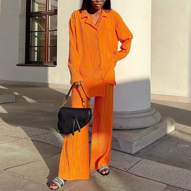 Blusa Mangas Largas Conjuntos de salón de 2 piezas para mujer, trajes informales de cintura media elásticos de ajuste holgado y suave Ygjytge Naranja T L para Mujer