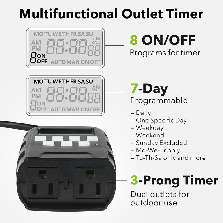 BN-LINK Digital Timer Outlet, 7 Day Heavy Duty Programmable Timer, On/Off Programs 3-Prong Grounded, Indoor, for Lamp, Light, Fan, Pets, Home, Kitchen