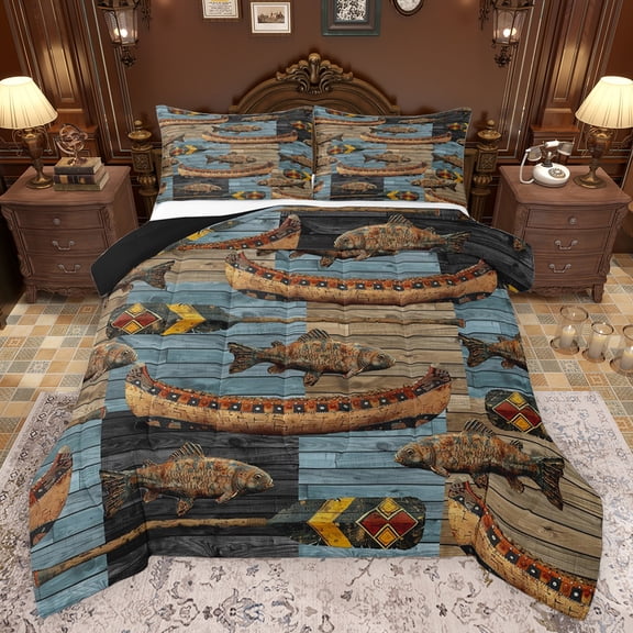 Feelyou Farmhouse Boating Bedding Comforter Set, Fishing Pike Fish Twin Comforter Sets, Vintage Western Cabin Reversible Bedding Set, Ultra Soft Bedroom Decor, 2pcs