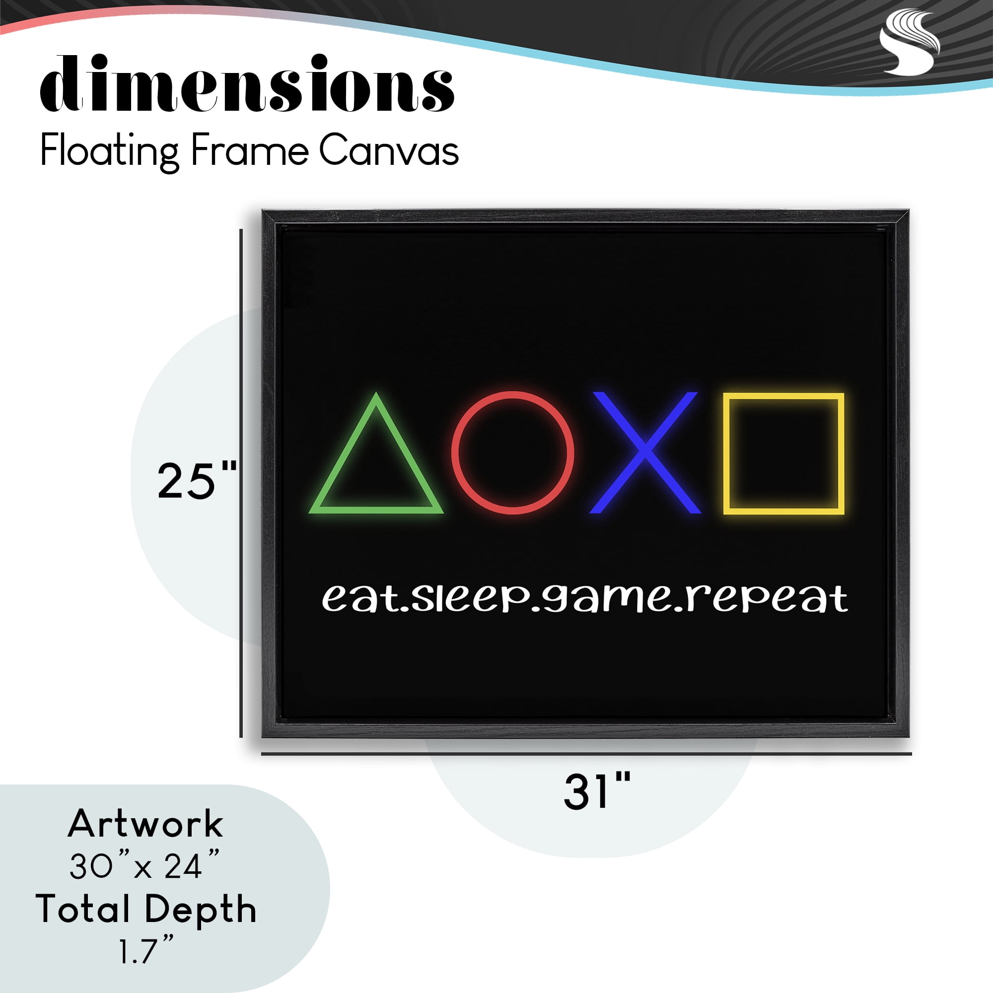 Neon Gaming Symbols & Words Black Framed Floater Canvas Wall Art, design by Christine Simpson Art