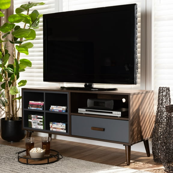 Baxton Studio Garrick Modern and Contemporary Two-Tone Grey and Walnut Brown Finished Wood 1-Drawer TV Stand