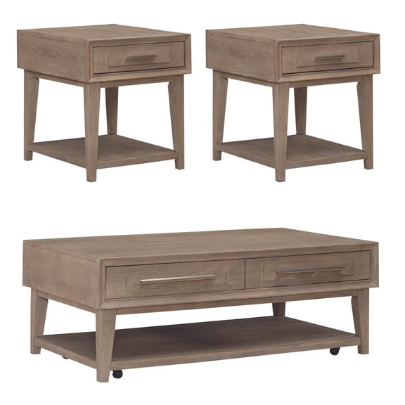 Liberty Furniture 3 Piece Living Room Set, Cocktail Table, 2 Drawer End Tables -Sandstone Oak Wood