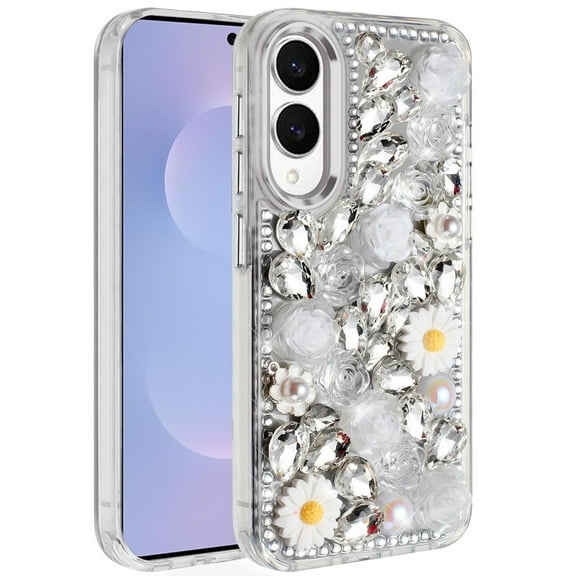 For Samsung Galaxy s25 Edge Spectacular Full Bling Stones Glitter HQ Hybrid Floral Series - White
