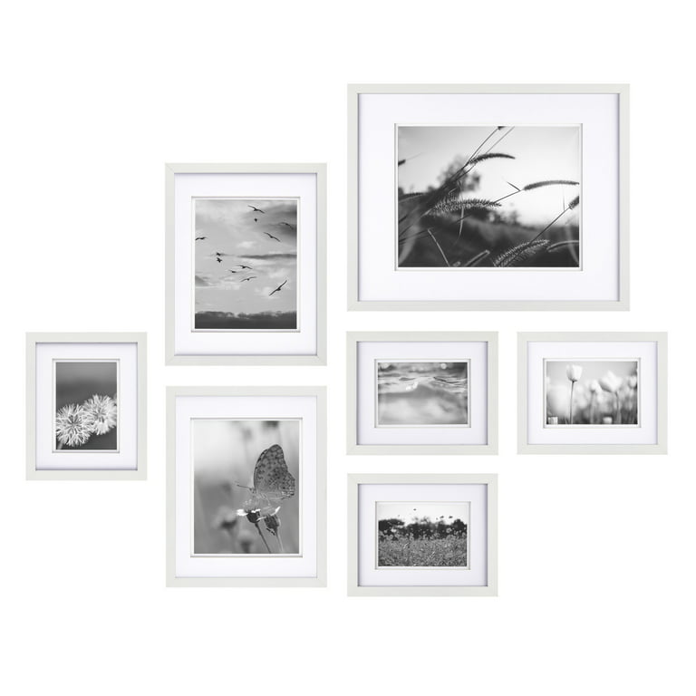 Frametory, Gallery Wall Frames, Set of 7, White Photo Frame with Ivory Color Mat & Real Glass