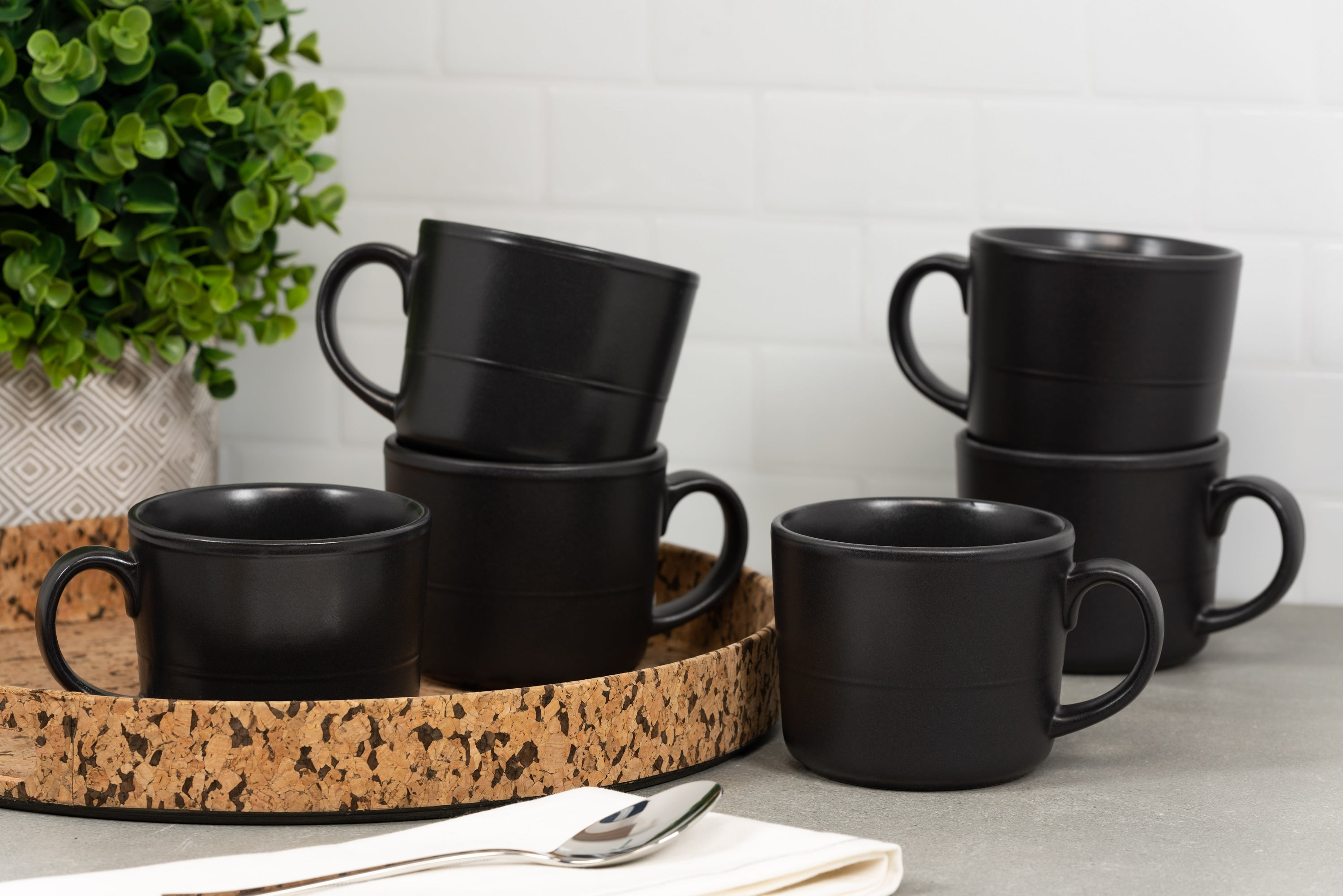 10 Strawberry Street Double Line 3.75"/12 fl oz Stoneware Mug, Set of 6, Matte Black