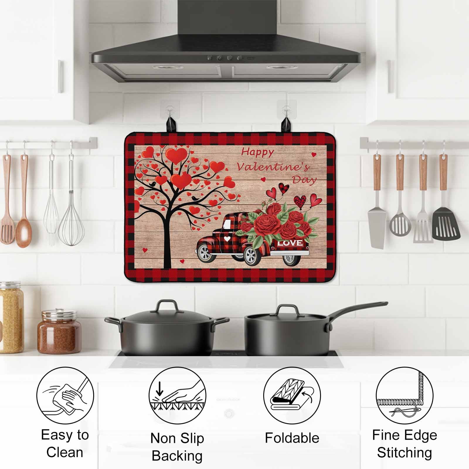 Roses Valentine's Day Stove Top Cover for Electric Stove, Heat-proof & Non Slip Glass Top Stove Cover Protector, Love Heart Truck Wooden Vintage Kitchen Flat Cooktop Rubber Mat 24x21 Inches