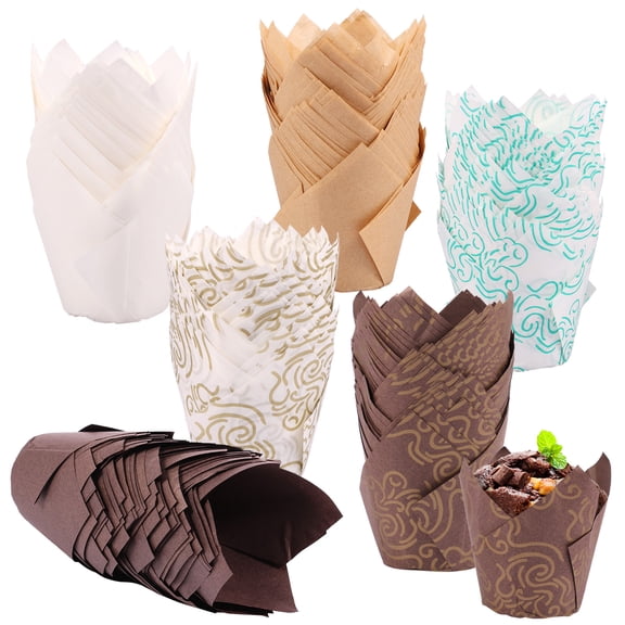 Ikoopy 300Pcs Cupcake Cases Greaseproof Paper Muffin Liners 6 Colors Tulip Cupcake Holders Set Multipurpose Cupcake Wrapper for Baking Cups Weddings Birthdays Party