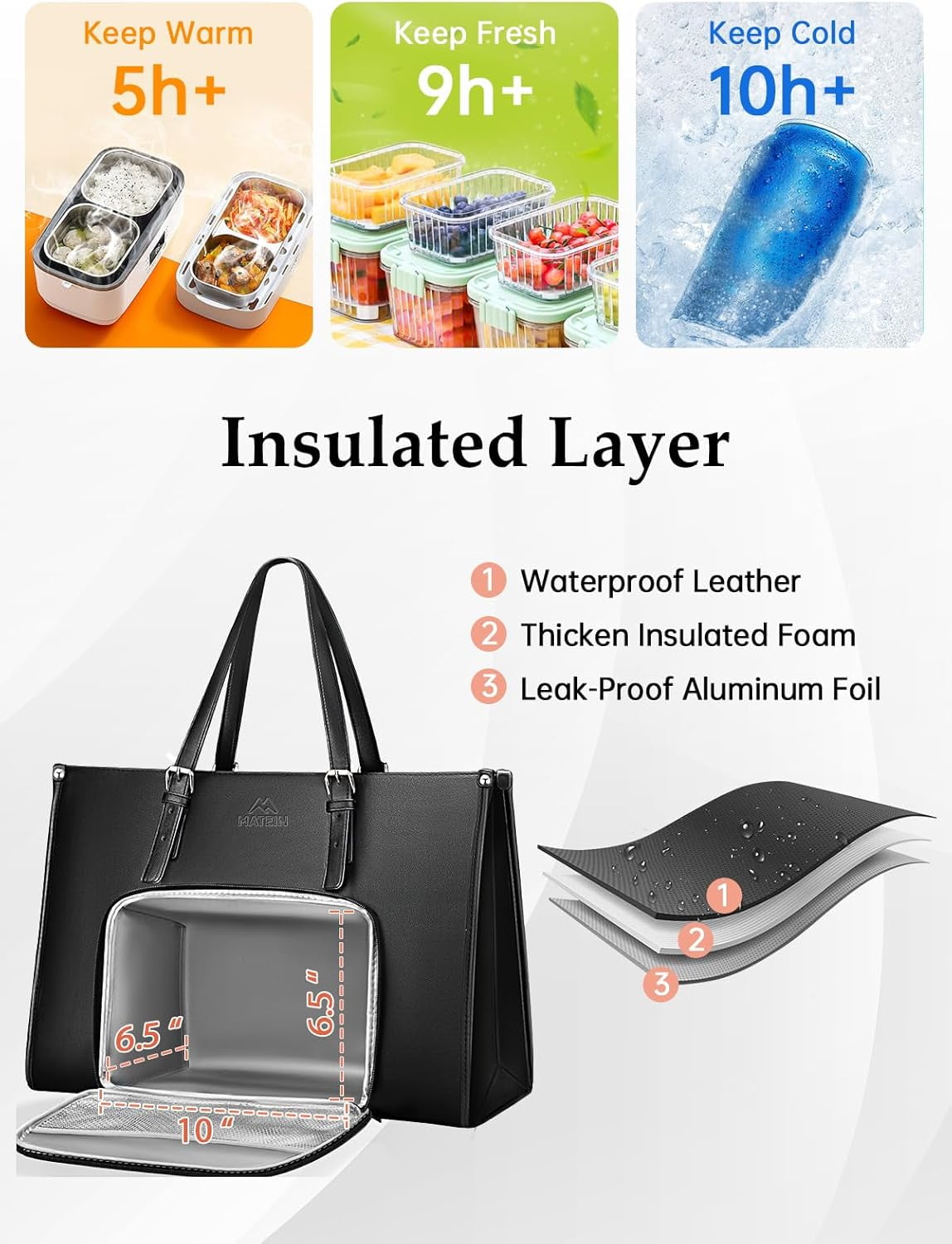 Matein Laptop Tote Bag with Insulated Lunch Compartment for Women Men, 15.6 inch Waterproof PU Leather Business Briefcase Handbag, Black