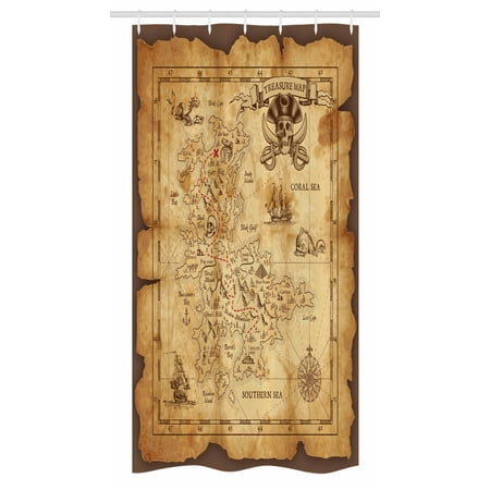Treasure Map Shower Curtain Island Map Stall Shower Curtain, Super Detailed Treasure Map Grungy Rustic Pirates Gold Secret Sea History Theme, Fabric Bathroom Set with Hooks, 36W X 72L Inches Long, Beige Brown, by Ambesonne ()
