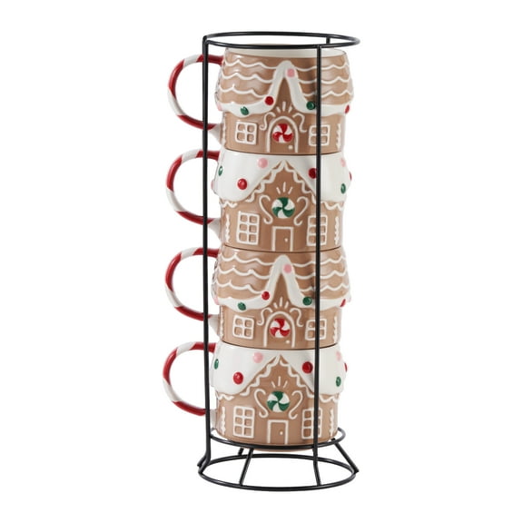Holiday Time Ceramics Gingerbread House Stacking Mugs 11.5 Oz, Set of 4