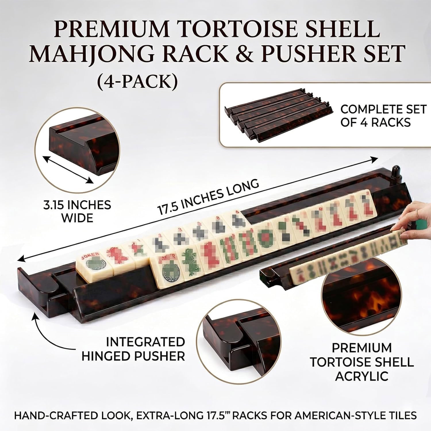 Tortoise Shell Mahjong Racks with Pushers, 17.5 Inch Extended Acrylic Majiang Tile Holder Set of 4, Non-Slip American Style Tabletop Accessories for Daily Tile Building (4PCS)