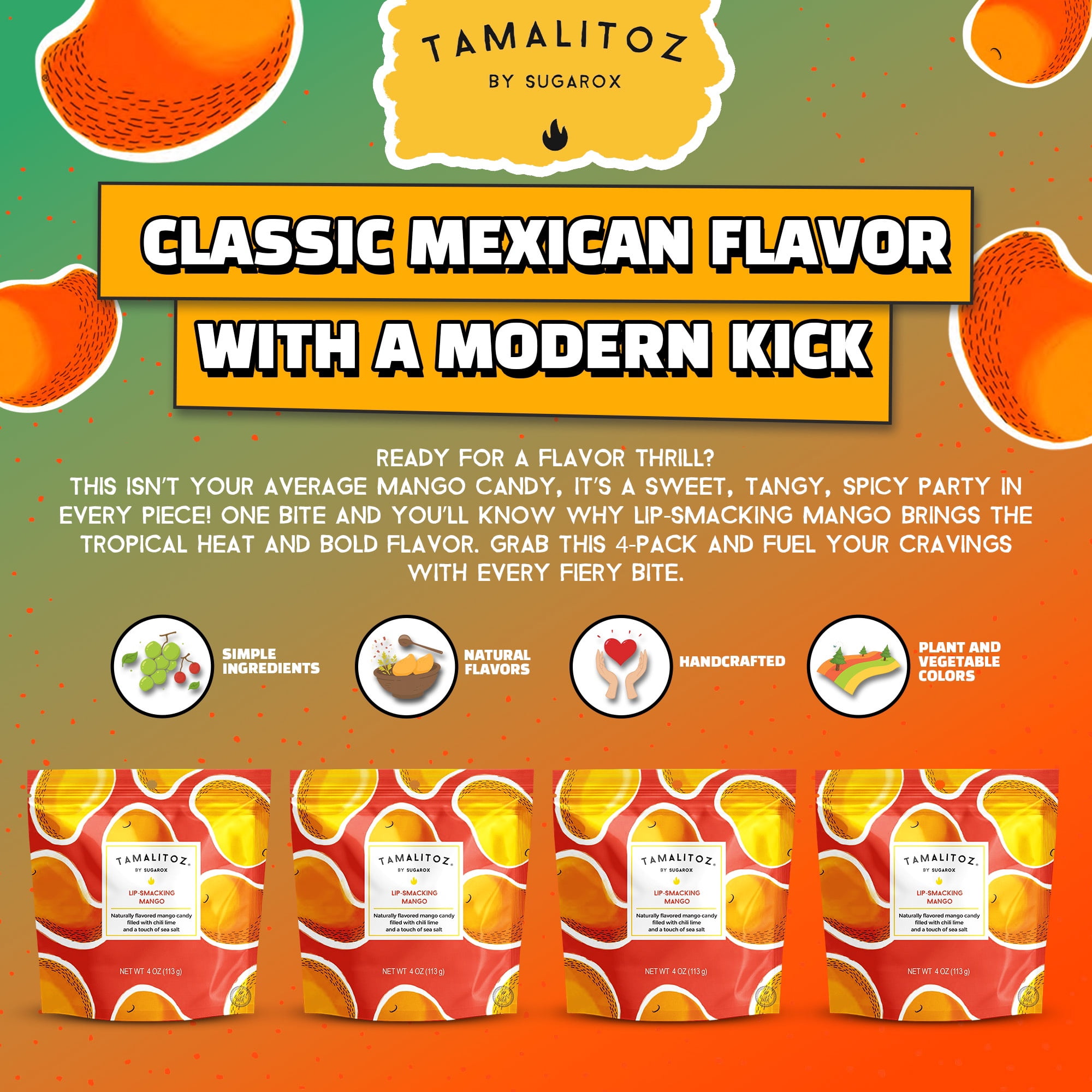Tamalitoz Lip-Smacking Mango – Spicy Mango Mexican Hard Candy Filled with Chile, Lime & Sea Salt Center, Handcrafted Fruit Candy, Gluten-Free, Kosher, No Artificial Colors – 4 Bags (4oz Each)