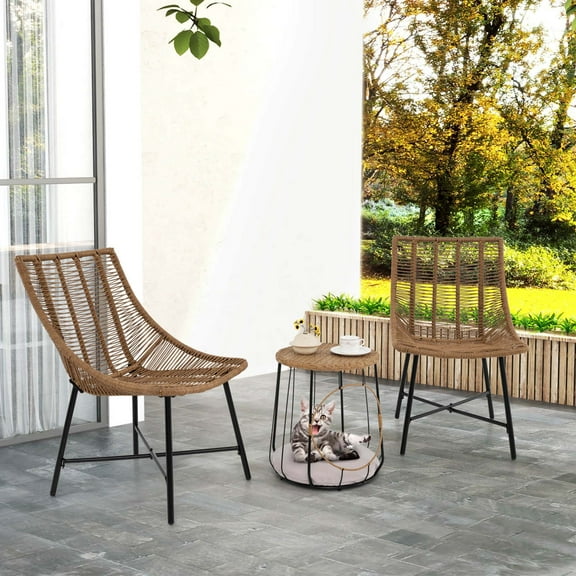 Costway 3 PCS Outdoor Furniture Set with Pet House & Heavy Duty Metal Frame Brown