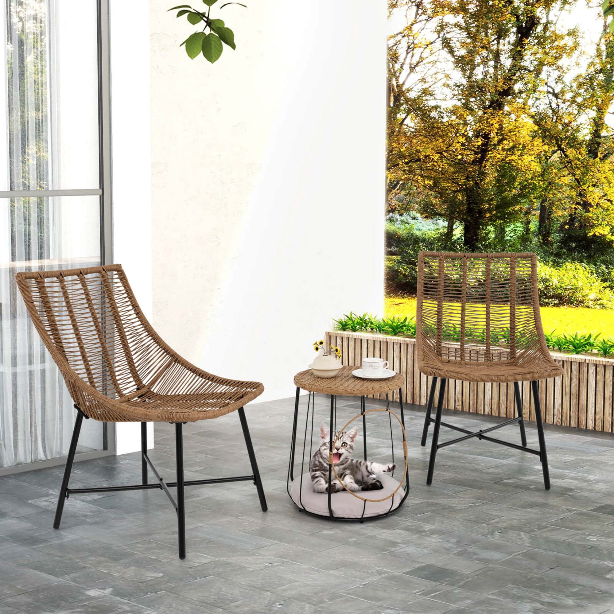 Costway 3 PCS Outdoor Furniture Set with Pet House & Heavy Duty Metal Frame Brown