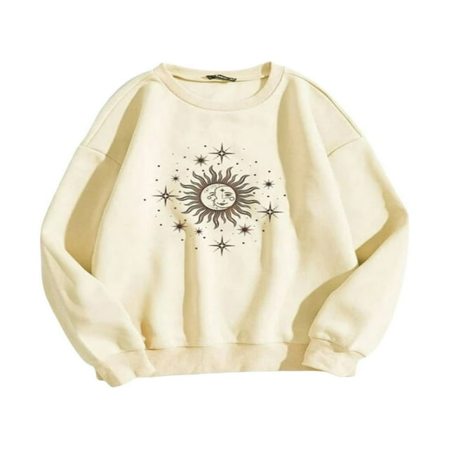 Long-Sleeved Fall Pullover Simple Sun and Moon Print Sweatshirt Casual Oversized Loose Sweater Top,Beige