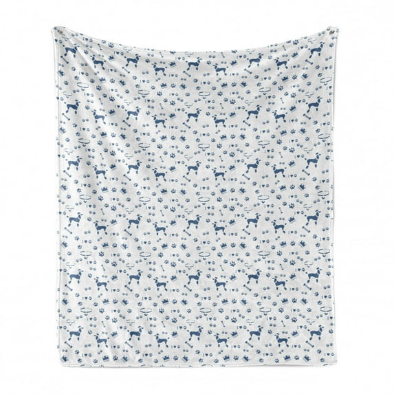 Blue and White Soft Flannel Fleece Blanket, Poodle Silhouette Comb Collar Dog Tracks Hearts Animal Lover Pet Theme, Cozy Plush for Indoor and Outdoor Use, 50" x 70", White Night Blue, by Ambesonne