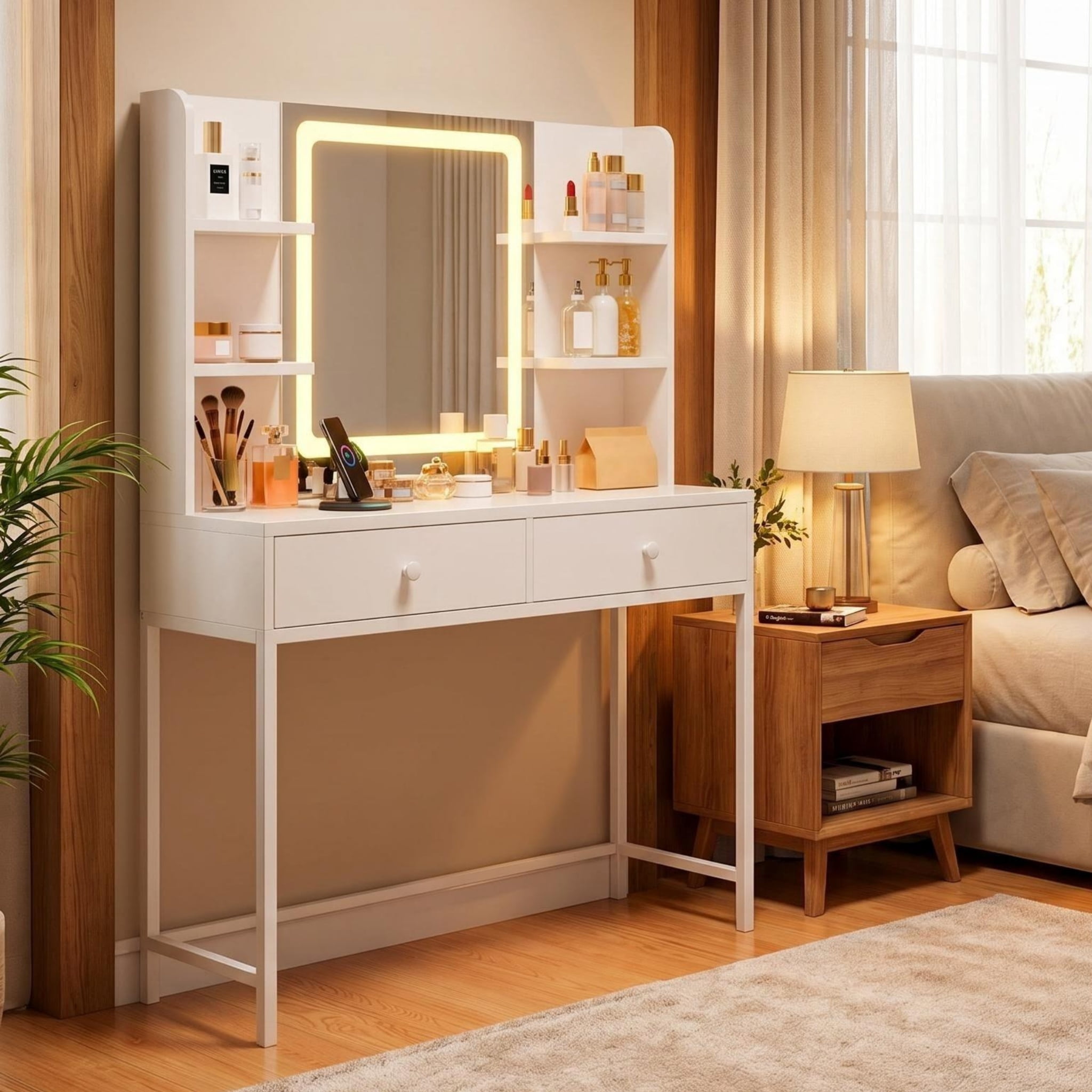 Lofka Makeup Vanity with Mirror and Lights Large Vanity Table Set White