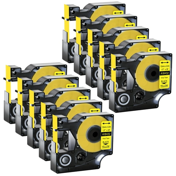 GREENCYCLE 10PK Compatible for DYMO 18432 12mm 5.5m Black on Yellow Vinyl Label Maker Tape