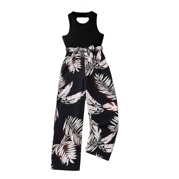 Baby Outfits Girl's Sleeveless Solid Color Tops Bow Lace Up Wide Leg Casual Romper Kids Clothes Black 7 Years-8 Years