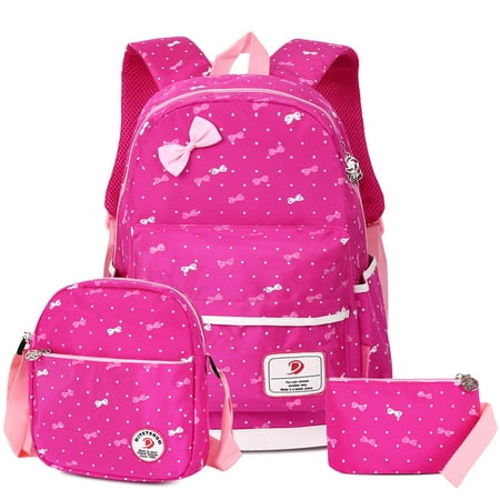 Vbiger 3 in 1 Student School Bag Cute Nylon Shoulder Daypack Polka Dot Bookbags Backpacks Cell Phone Messenger Bags Pencil Case, Rose