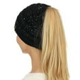 thumbnail image 2 of C.C BeanieTail Sparkly Sequin Cable Knit Messy High Bun Ponytail Beanie Hat, Black/Silver, 2 of 4