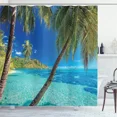 thumbnail image 3 of Cortina de ducha con diseño de océano, playa, palmeras tropicales, tortuga marina, gato, vela, flamencos, concha de coral, juego de cortina de ducha para decoración de baño, 3 of 5