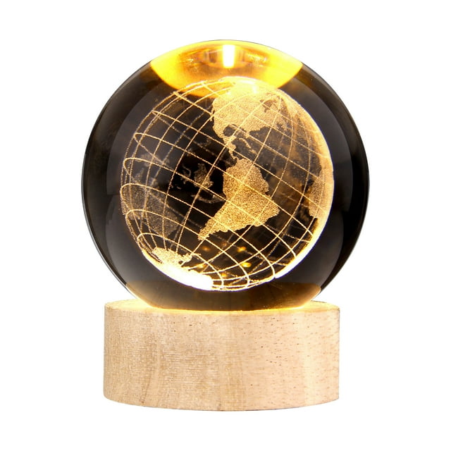 TFixol 3D Illuminated Crystal Ball Night Light with Warm Wooden Base - Solar System & Galaxy Design, USB-Powered Desktop Decor, Perfect Gift for Any Occasion