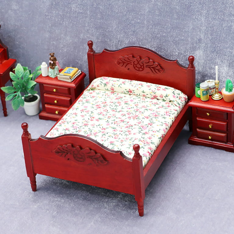 Dollhouse Furniture Queen Bed With Bedding And Drawers For