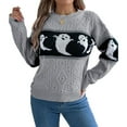 thumbnail image 5 of Defitshape Women's Halloween Knit Pullover Sweater Knitted Sweater Warm Spring Crewneck Fashion Loose Fit Drop Shoulder Short Knitwear Ghost Printed Long Sleeve Fall Top Grey X-Large, 5 of 5