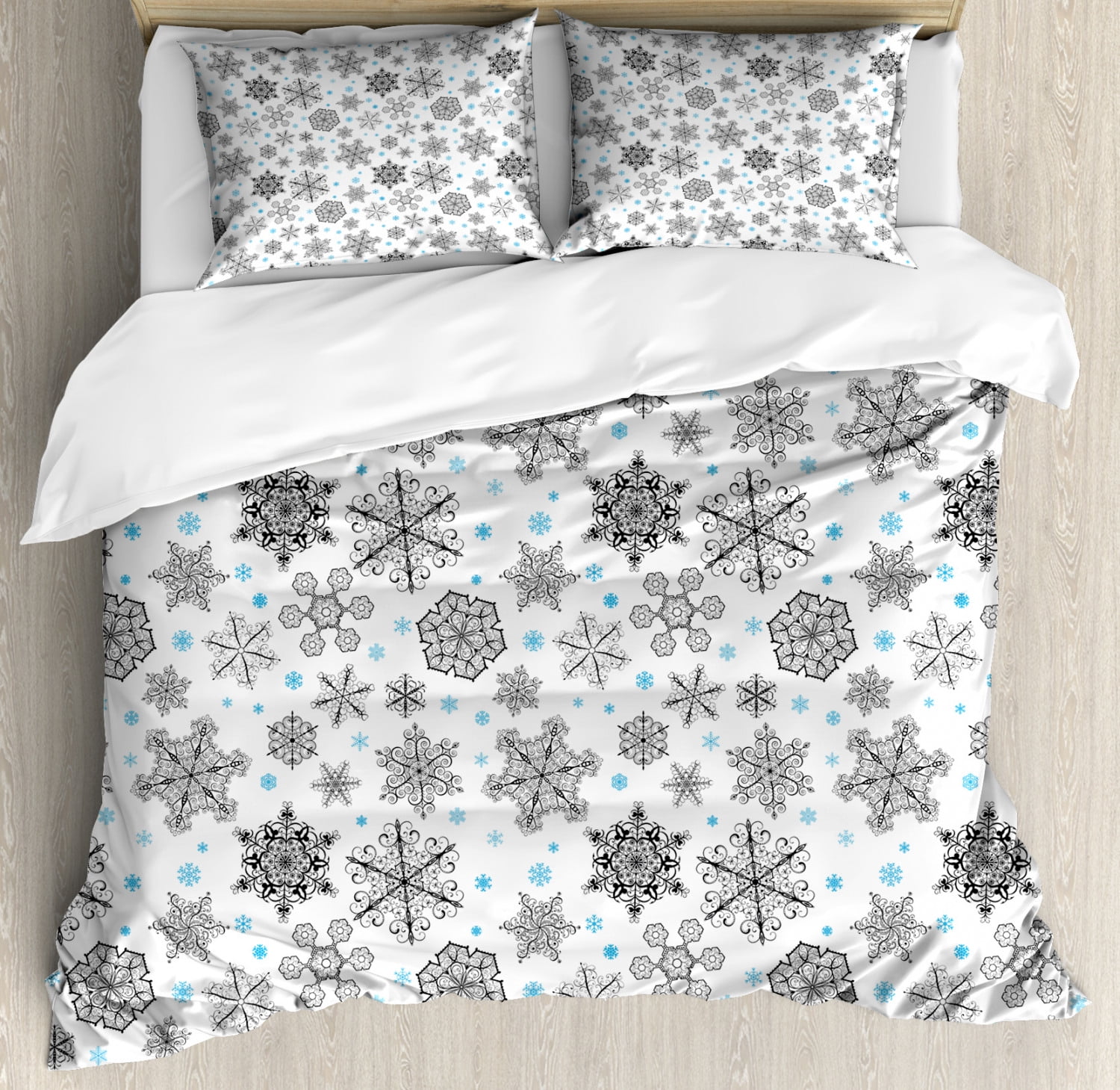 Snowflake Duvet Cover Set, Lace Style Arrangement of Snowflakes Winter Season Christmas