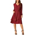 thumbnail image 1 of Vestido midi de mujer con capas, cuello en V, manga larga, cintura alta y bolsillos en color rojo vino, 1 of 5