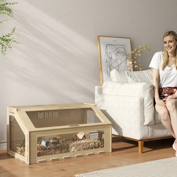 PawHut Hamster Cage Habitat with Acrylic Window & Openable Top, Small Animal Cage for Gerbil, Guinea Pig, Rat, 39" x 23" x 20", Oak