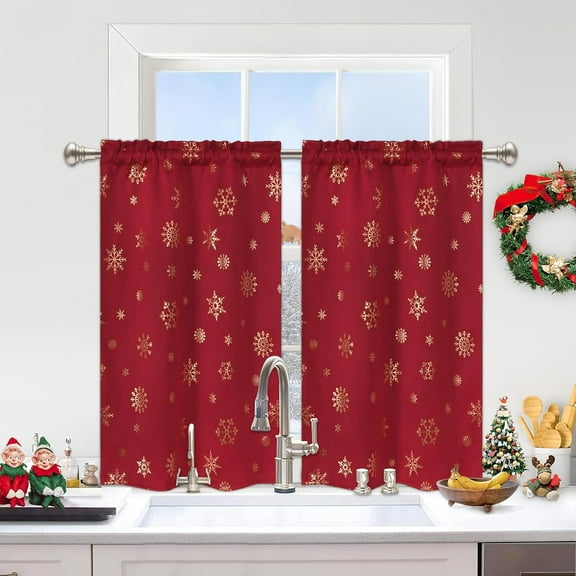 Christmas Kitchen Curtains, Gold Snowflake Foil Print Christmas Tier Curtains 36 Inch Length, Rod Pocket Red Christmas Curtains for Kitchen, 26" W x 36" L, 2 Panels