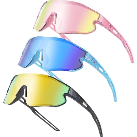 3PACK Kids Sunglasses Youth Baseball Sunglasses for 4-12 Boys Girls Cycling Softball Running UV400 Sports Goggles