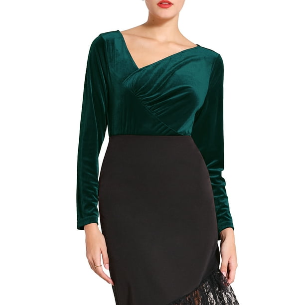 INSPIRAR CHIC Blusa de terciopelo de manga larga con cuello arrugado asimétrico para mujer, ajustada y delgada, color verde oscuro, talla M