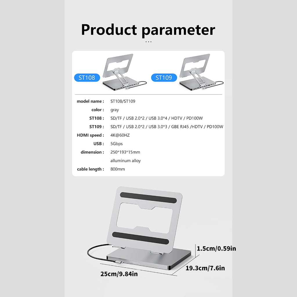 10 in 1 Laptop Docking Station and Adapter Base Notebook Stand 3 USB3.0 PD100W