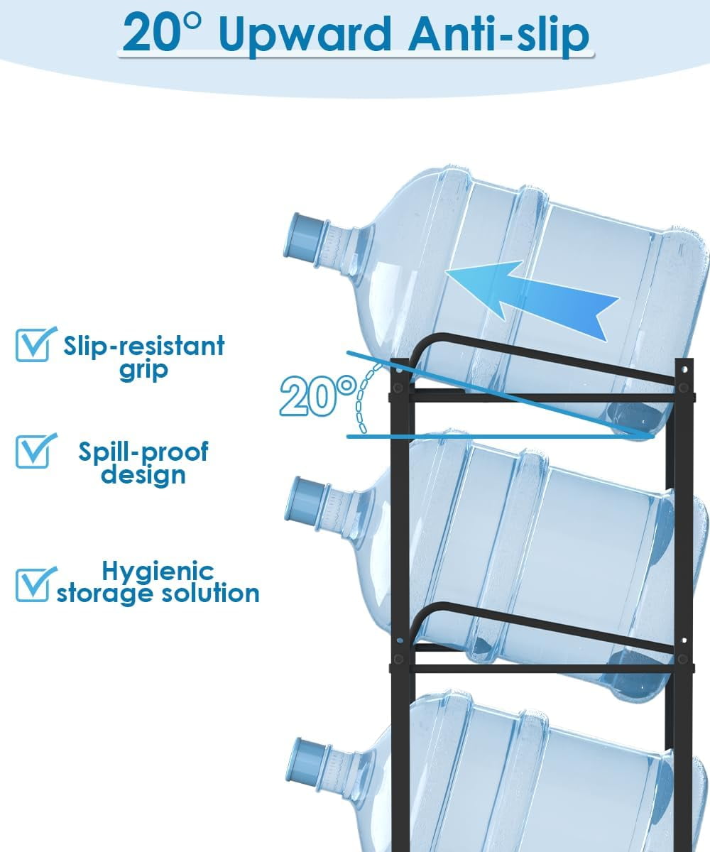 5 Gallon Water Jug Holder, Detachable 3 Tier Water Bottle Holder, Heavy Duty Water Jug Rack with 3 Slots, Water Bottle Storage for Home, Office, Garage, Black