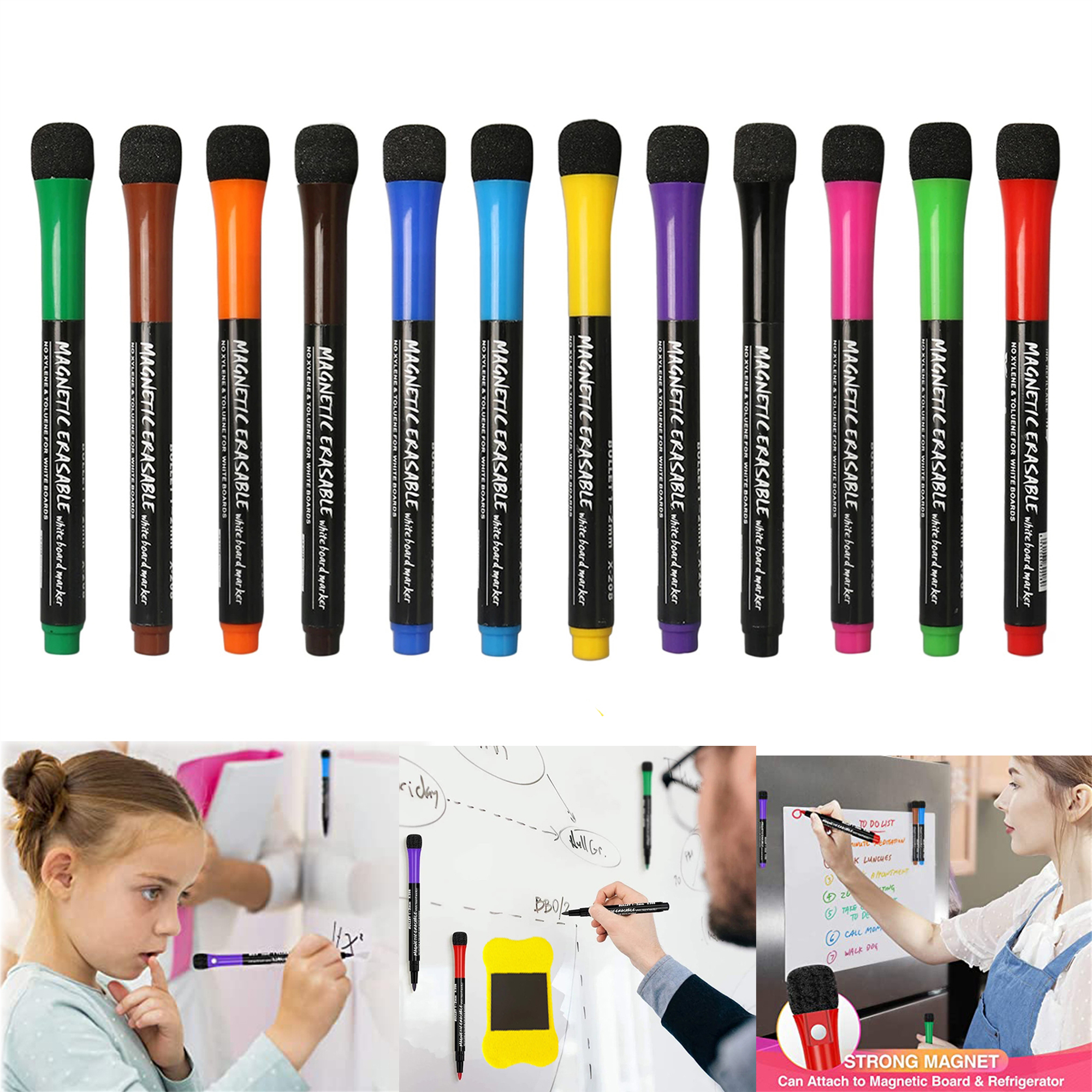 12 Colors Dry Erase Markers Pens with Builtin Erasers