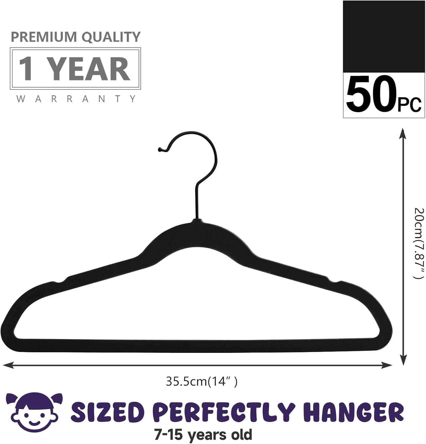 Kids Velvet Hangers,Non-Slip Big Kids Hangers,14 Inch Hangers for Youth,Teen Clothes,Pack of 50（Gray/Rosegold）